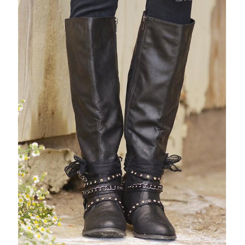 Women's rivets strap block heel knee high western boots