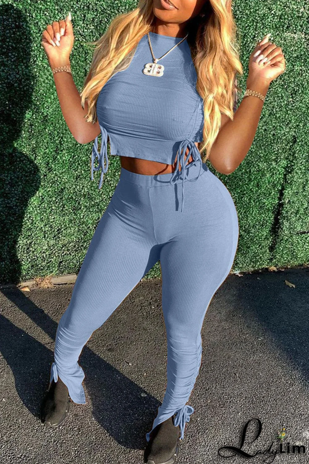 Khaki Fashion Casual Solid Draw String Frenulum O Neck Short Sleeve Two Pieces