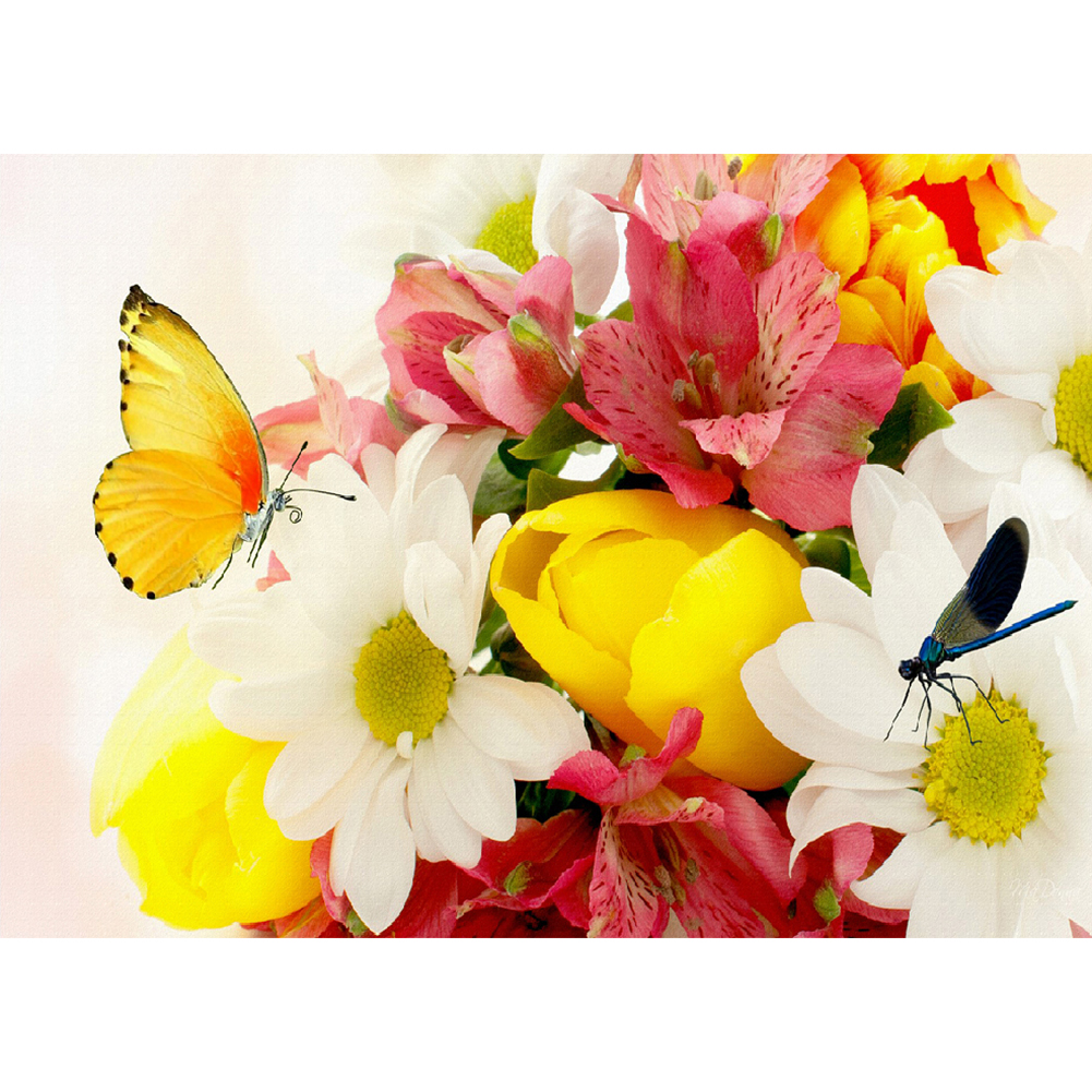 

40*30CM - Round Drill Diamond Painting - Flower Dragonfly, 501 Original
