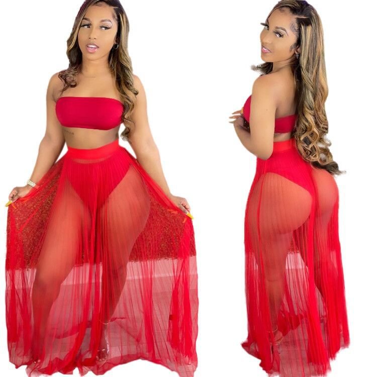 Beach Cover Up Skirt Swimsuit Women 2 Piece Set Off Shoulder Tube Tops and Skirt Set Summer Mesh Pleated Beach Swimwear Bikinis