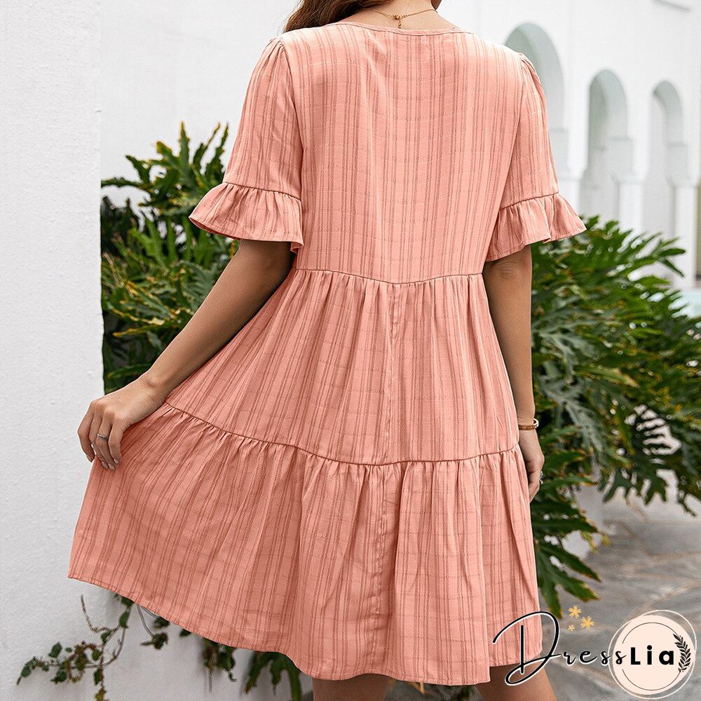 Summer Womens Short Sleeve Dress-Fashion Casual V-Neck Solid Tassel Butterfly Loose Mini