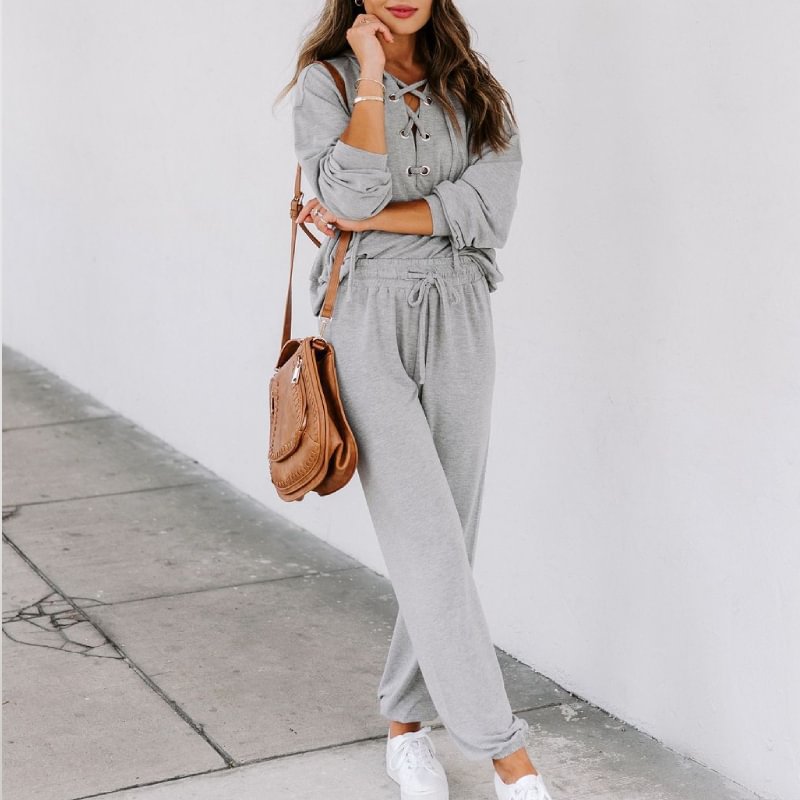 Casual Solid Color Lace-up Hooded Sweatshirt Set