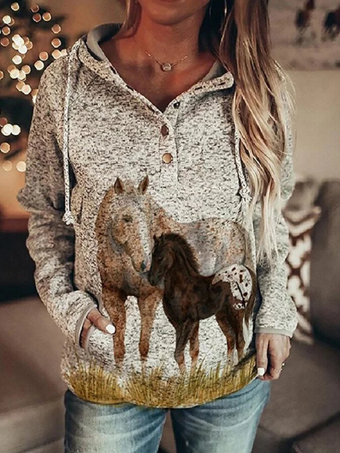 Women's Vintage Horse Print Casual Hoodie