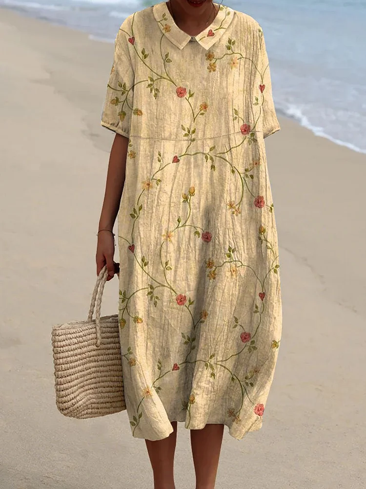 Women's Vintage Lovely Floral Art Print Pocket Linen Dress