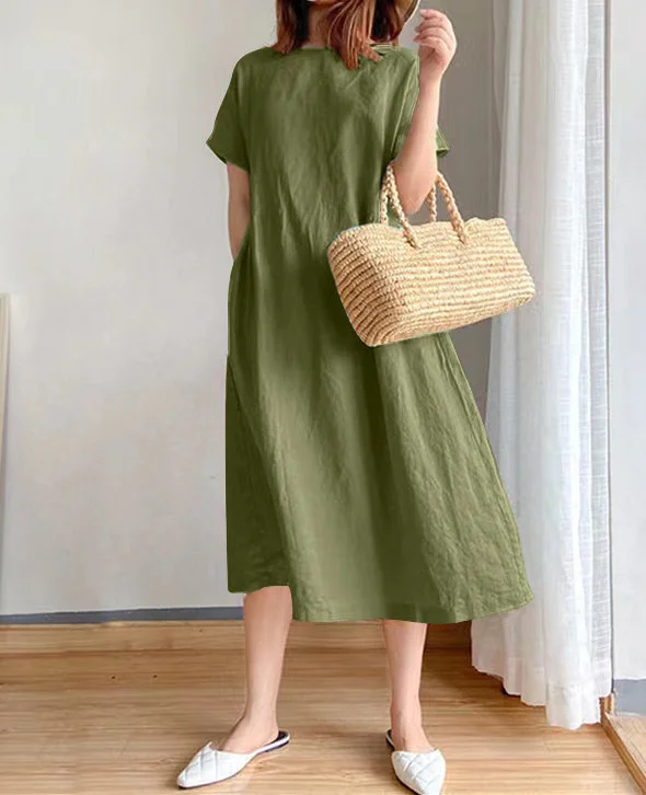 Nigikala Nigikala New Leisure Spring And Summer Loose Skirt Short Sleeve Round Neck Solid Cotton Linen Dress