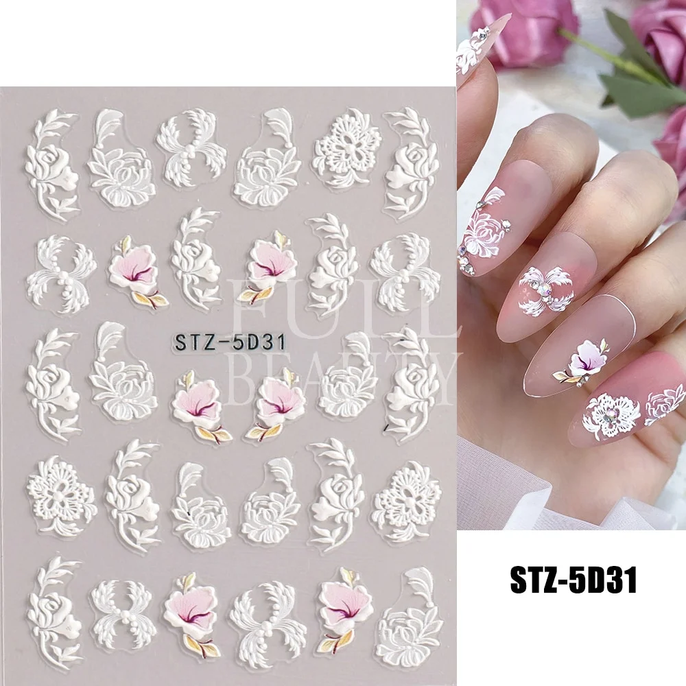 Churchf Nail Stickers Flowers Geometric Lines Decor Acrylic Embossed Sliders Gold Frame Nail Decals Cherry Blossom Manicure GLJI-5D05-Nail Inspo