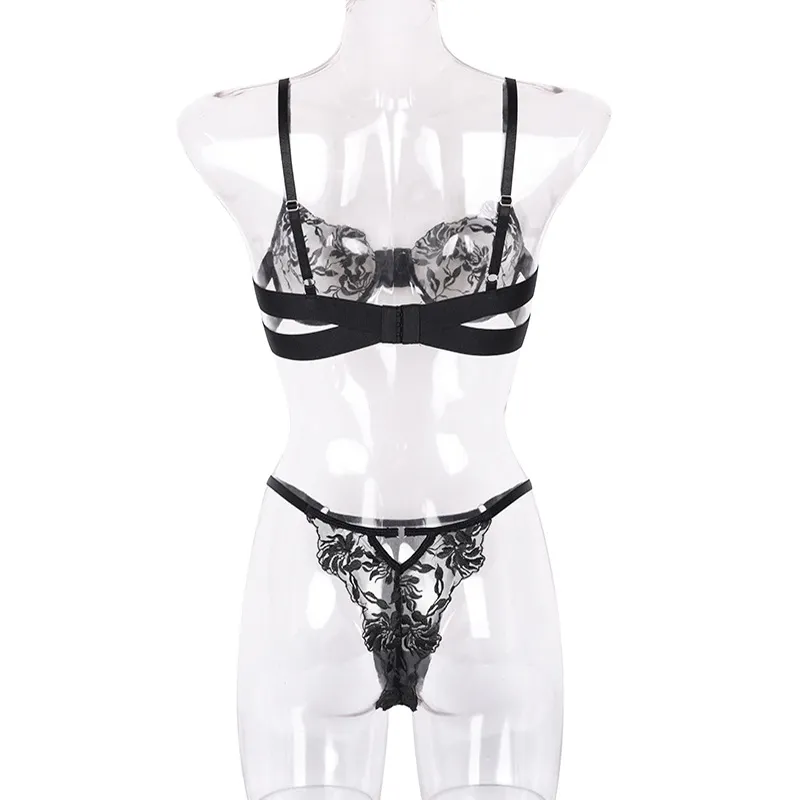 Billionm Two Pieces Set Lingerie Women Black Floral Underwear Push Up Bra and Panties Set Embroidery Flower See Through Lengerie Sex Wear