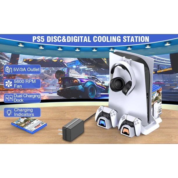 Dinofire PS5 Stand Cooling Fan with AC Adapter, Dual Controllers Charger for PS5 Vertical Stand with PS5 Disc & Digital Editions-White