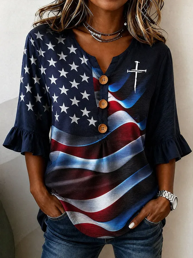 Women's Casual Retro Button-Down Shirt with Flag and Cross Print 