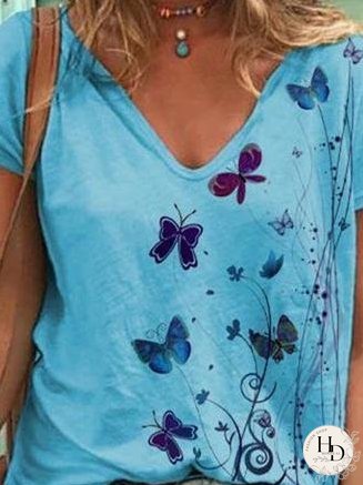 Butterfly Print Short-sleeved V-neck T-shirt