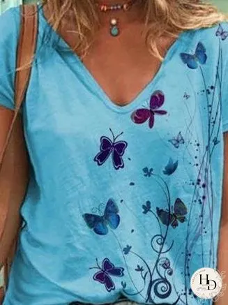 Butterfly Print Short-sleeved V-neck T-shirt