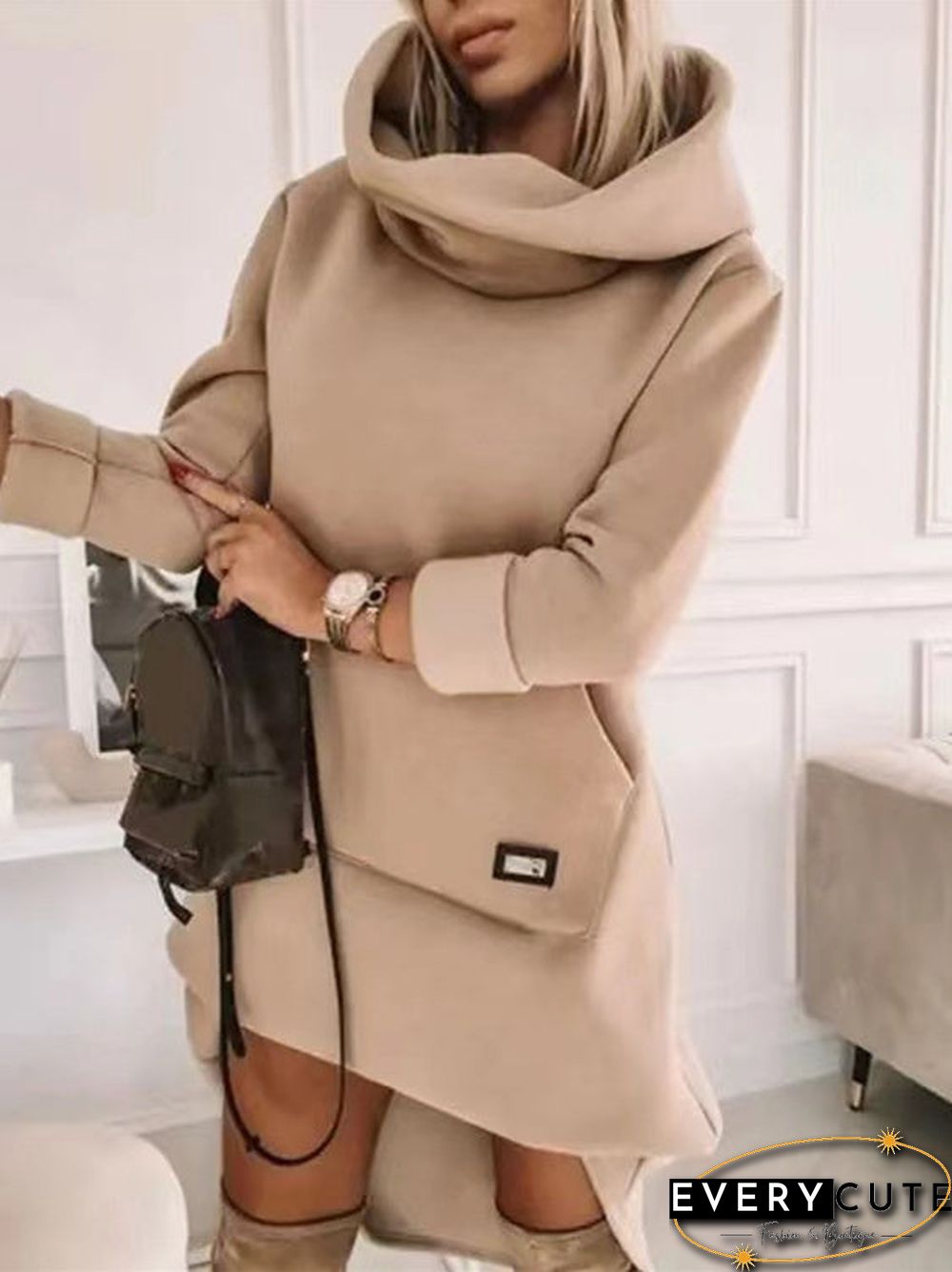 Women's Long Sleeve Hooded Solid Color Midi Dress