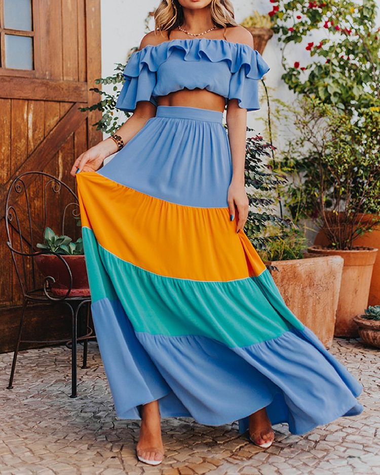 Ruffled Shirt Contrast Color Striped Long Skirt Set