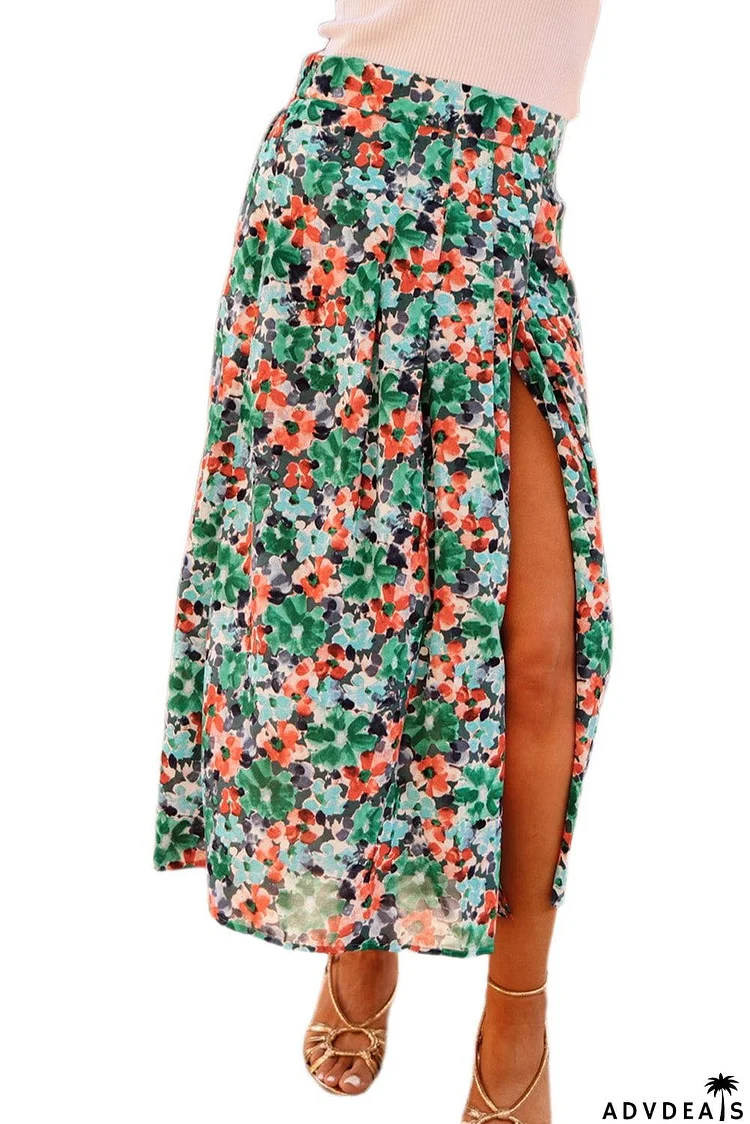 Floral Print Pleated Slit Skirt