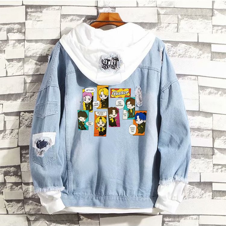 BTS Butter Cartoon Denim Hooded Jacket