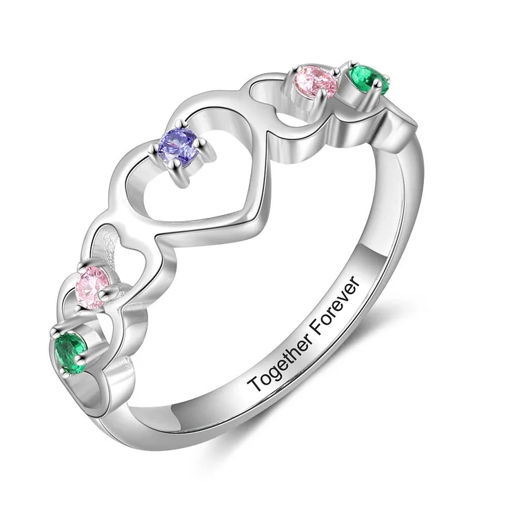 Personalized Mother Rings Heart Shape with 5 Birthstones Custom Mom Ring Sterling SIlver