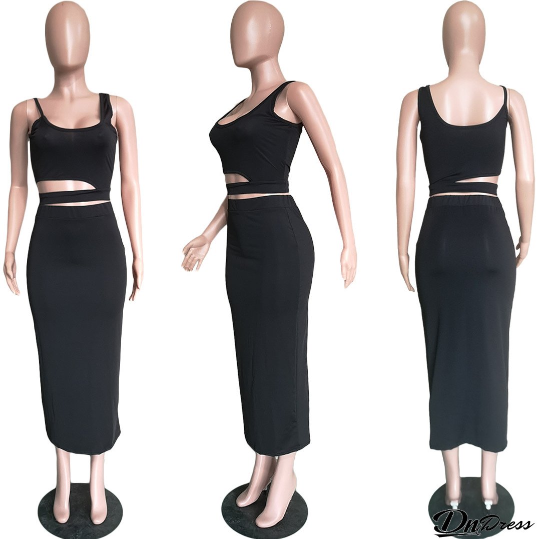 Women's Solid Color Cutout Casual Home Style Skirt Set Two Piece