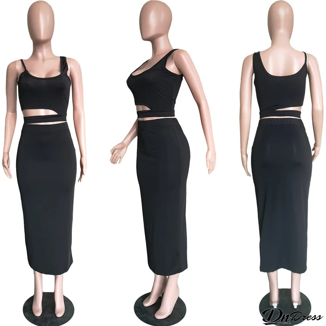 Women's Solid Color Cutout Casual Home Style Skirt Set Two Piece