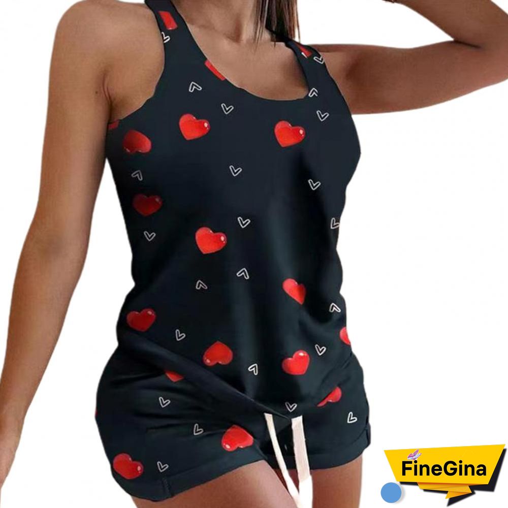 2Pcsset Casual Outfit Sleeveless Top Set Round Neck Comfortable Summer Slim Splicing Design Drawstring Camisole Set For Home