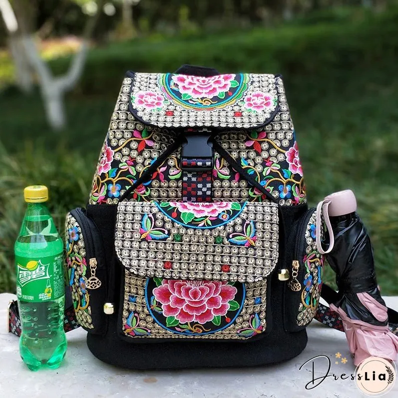 New Embroidery Bag Ethnic Style Bag Women's Large Capacity Canvas Backpack Travel Bag Fabric Art