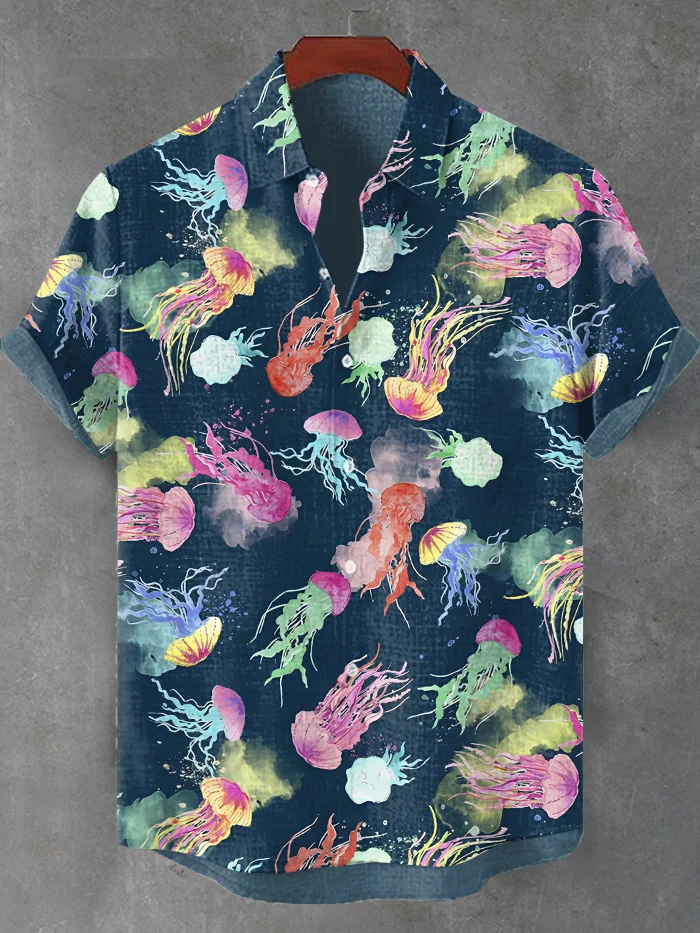 Men's Multicolor Jellyfish Art Print Short Sleeve Shirt
