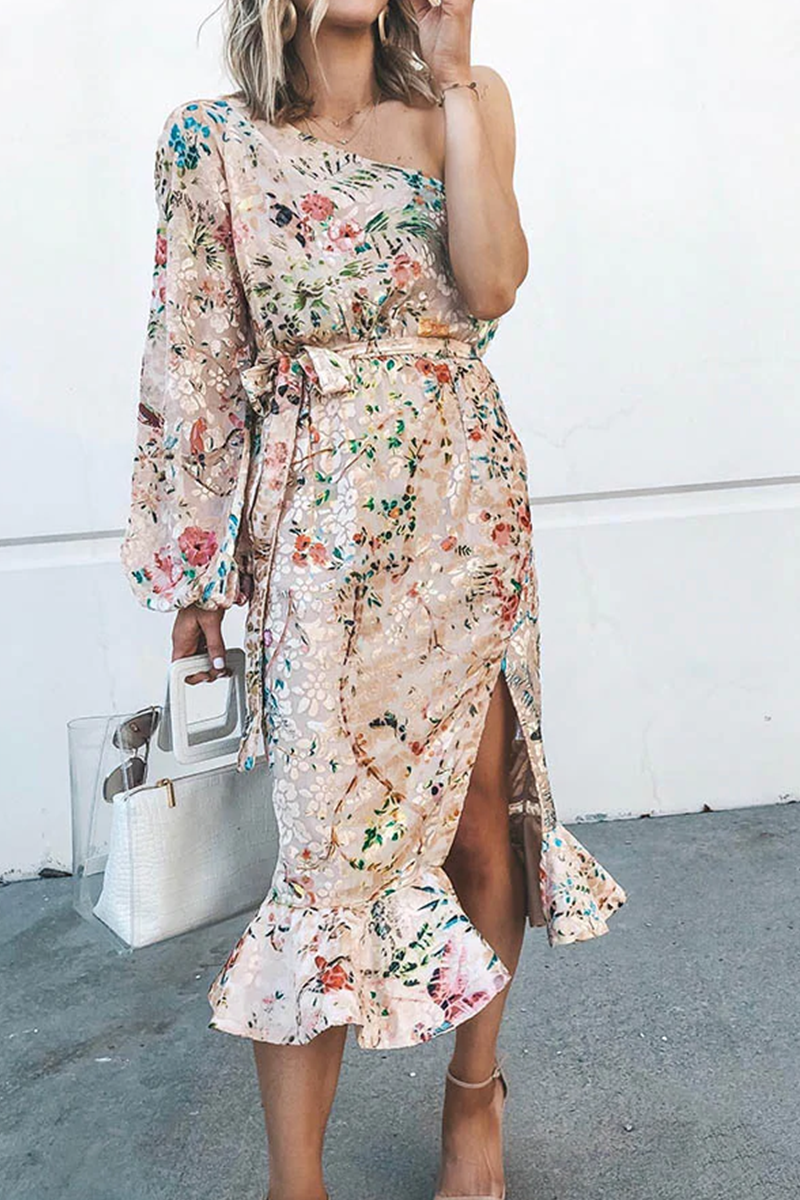 Casual Print Split Joint One Shoulder Irregular Dress Dresses