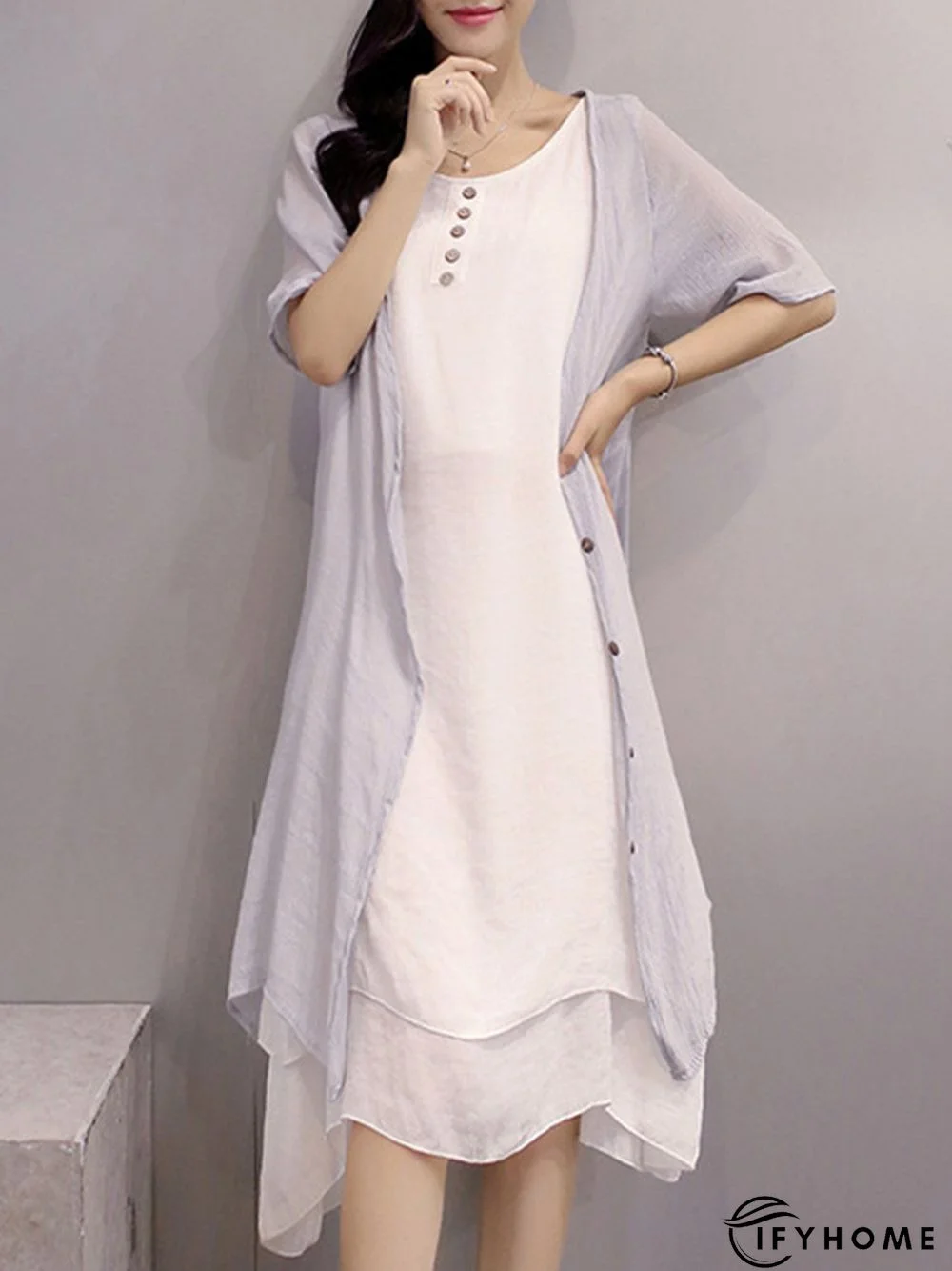 Casual Crew Neck Two Piece Buttoned Casual Dress | IFYHOME