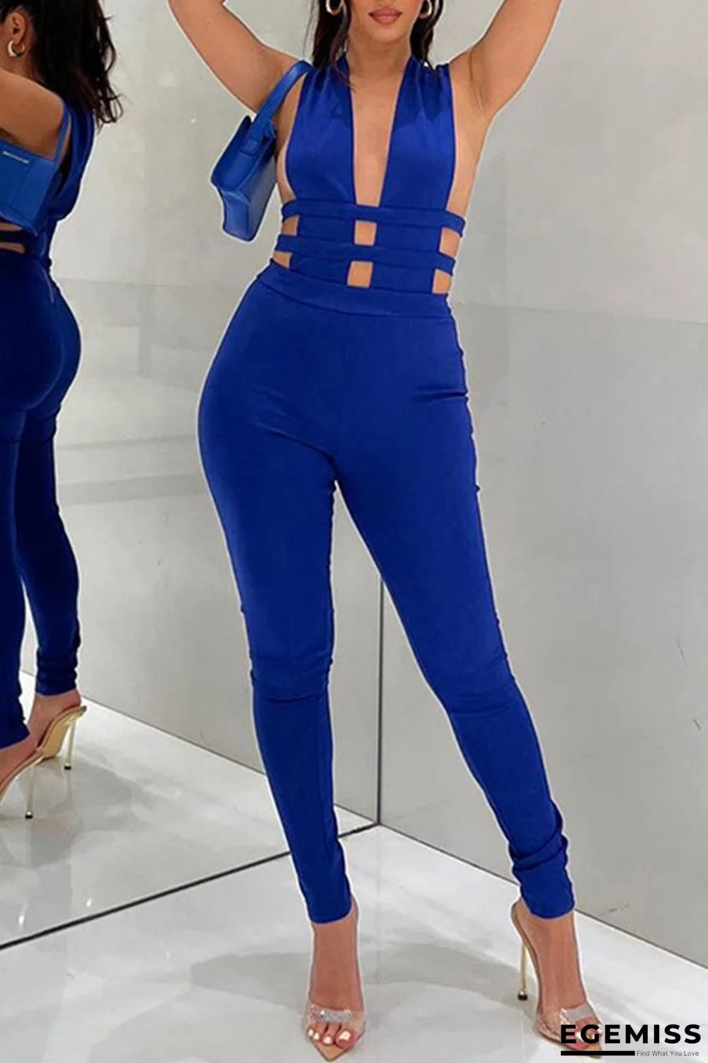 Blue Sexy Solid Hollowed Out Patchwork Asymmetrical Collar Regular Jumpsuits | EGEMISS