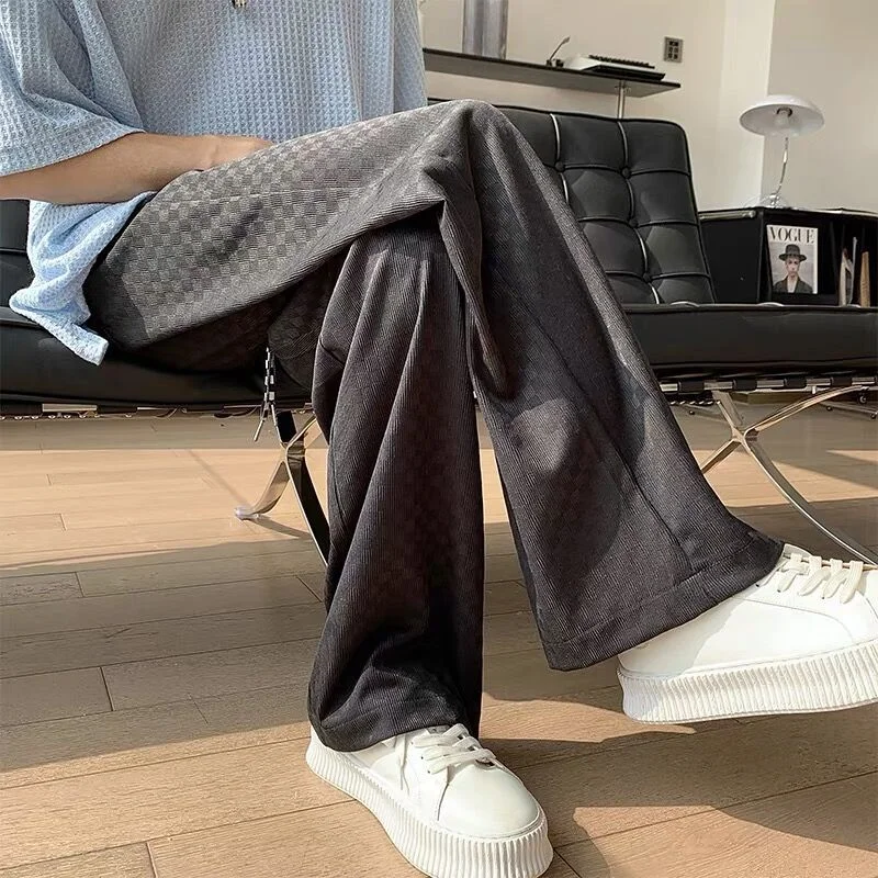 Inongge Men Checkered Casual Pants Summer Thin Loose Straight Ice Silk Pants Man Streetwear Sweatpants New Fashion Trousers