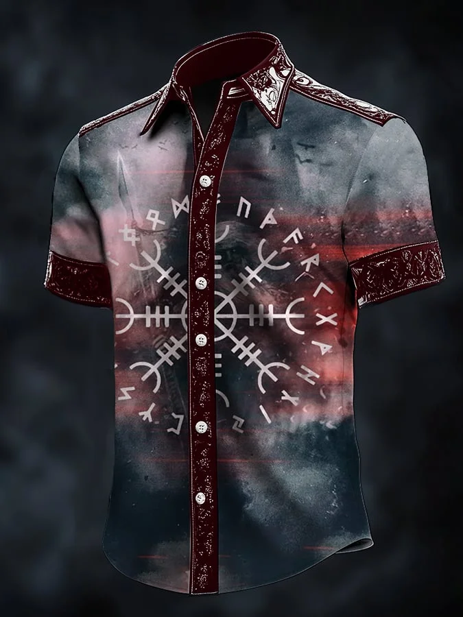 Men's Casual Dark Viking Print Satin Shirt 