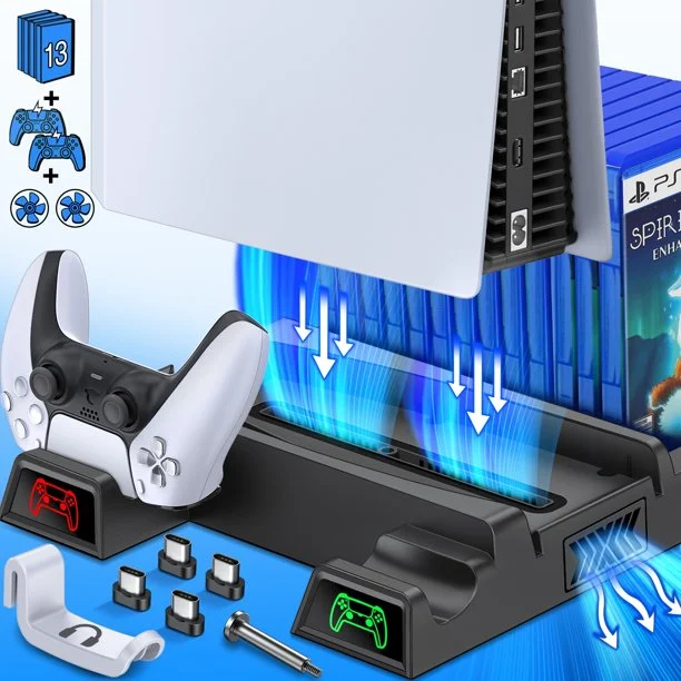 Dinofire PS5 Stand with Controller Charging Station and Vertical Stand with Cooling Fan for PS5 & Dual Controller Charger-Black