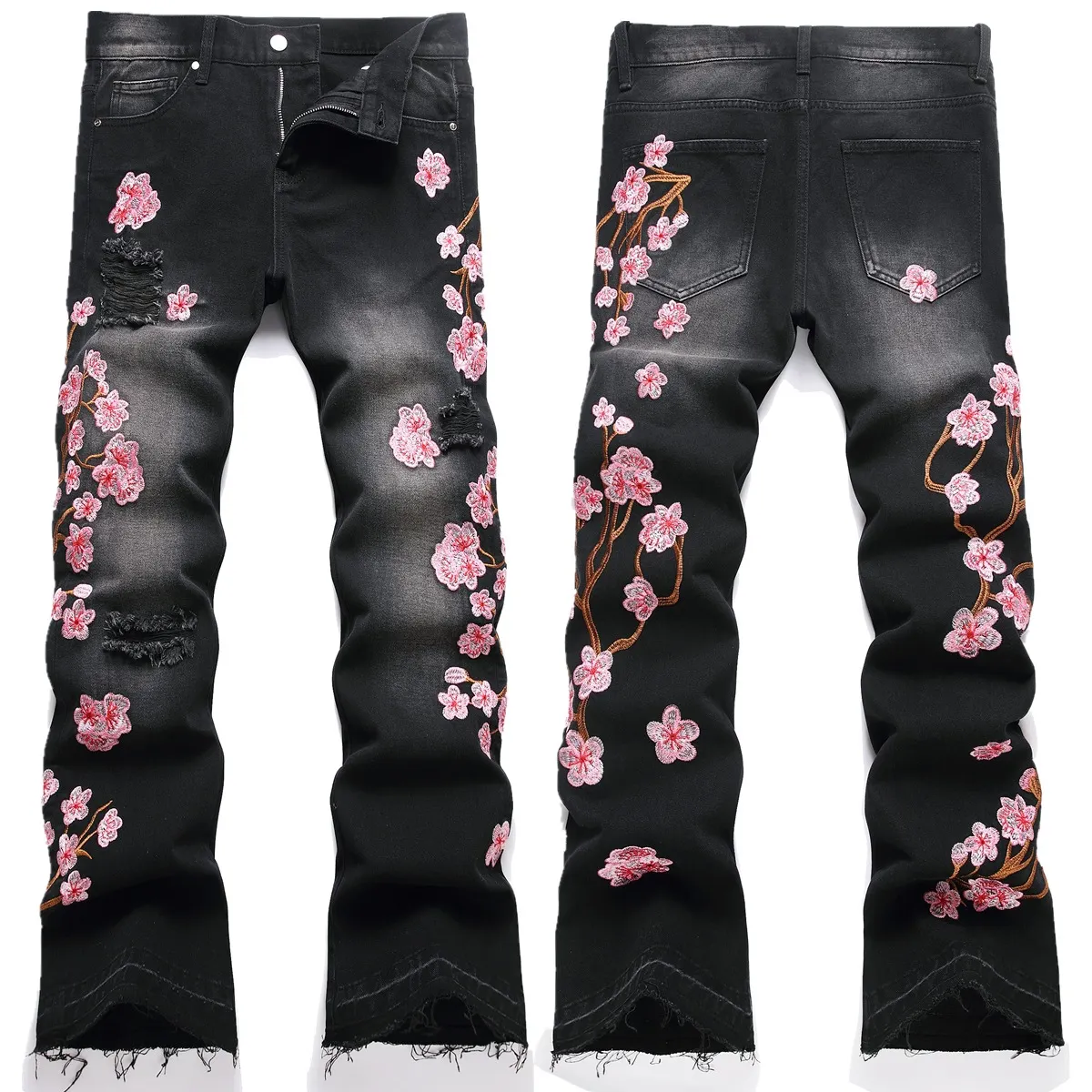 Men's Y2k Retro Cherry Blossom Embroidered Flared Jeans elevenforest