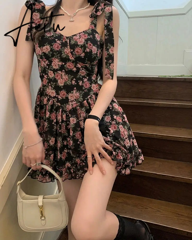 Floral Spaghetti Strap Dress Women's  Summer French Short Dress A-LineBow Tie High Waist Sweet Sexy Beach Dress Sundress Aiertu