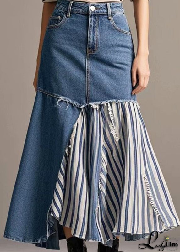 French Navy Asymmetrical Patchwork Striped Denim Skirt Spring