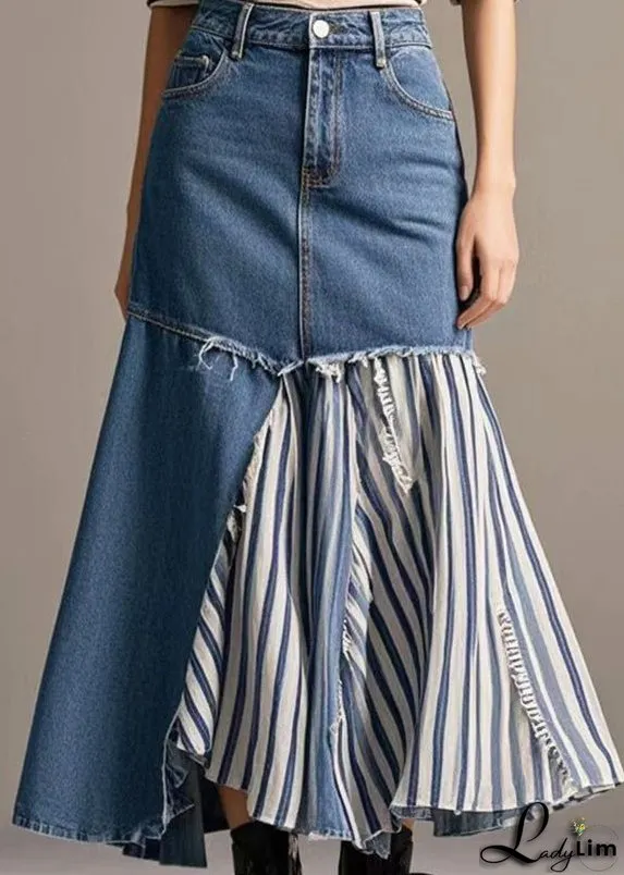 French Navy Asymmetrical Patchwork Striped Denim Skirt Spring