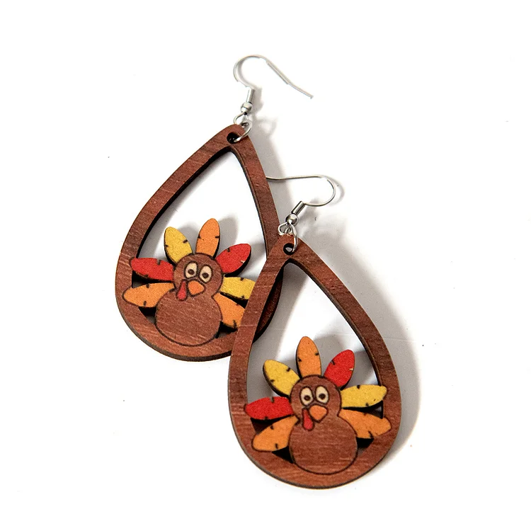Thanksgiving Gift Autumn Hollow Turkey Drop Wood Earrings socialshop