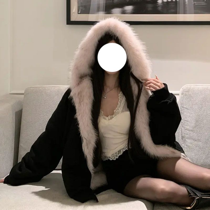 Parigaminghub Two Sided Wear Lazy Style Retro Splicing Hoodie Thickened Warm Environmentally Friendly Fur  Coat Women Clothing Winter Coat