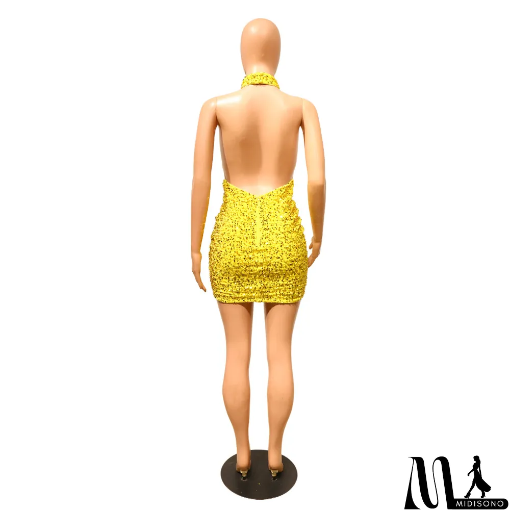 MidiSono - Hot Sale Hollow Fashion Sequin Sequin Halter Back Nightclub Dress