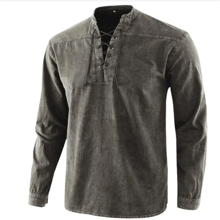 BrosWear Men's Vintage V Neck Lace-up Long Sleeve Shirt