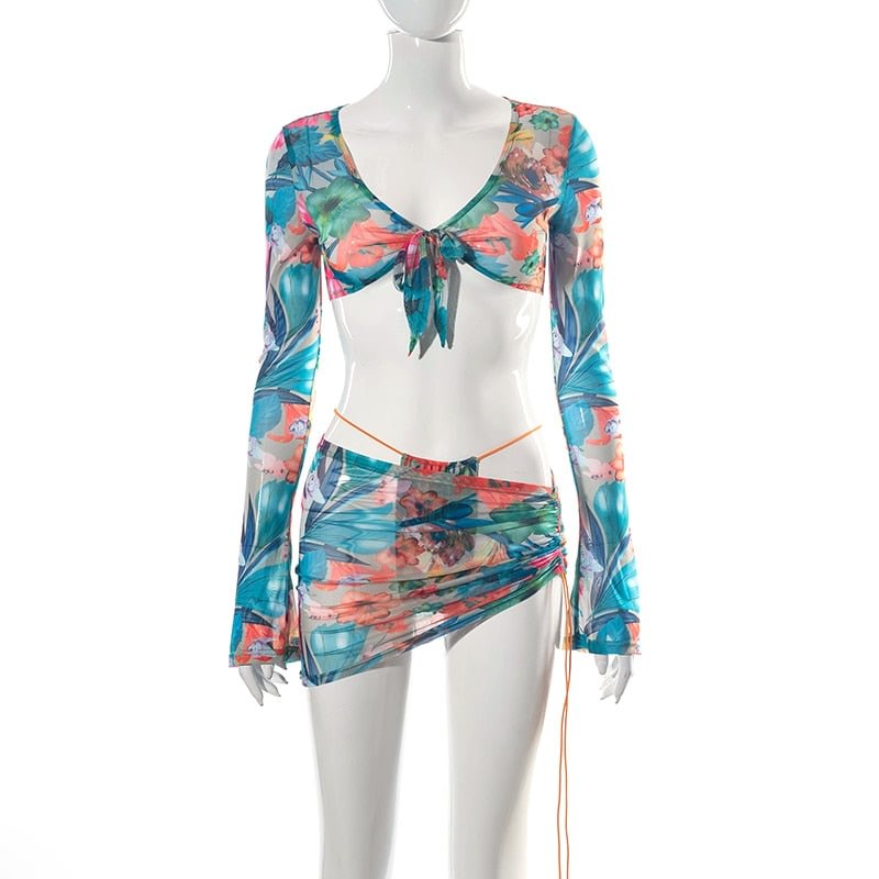 Nibber Vintage Colorful Printing Womens Crop Top Sets Long Sleeve Asymmetrical Drawstring Female Miniskirt Two Pieces Beachwear