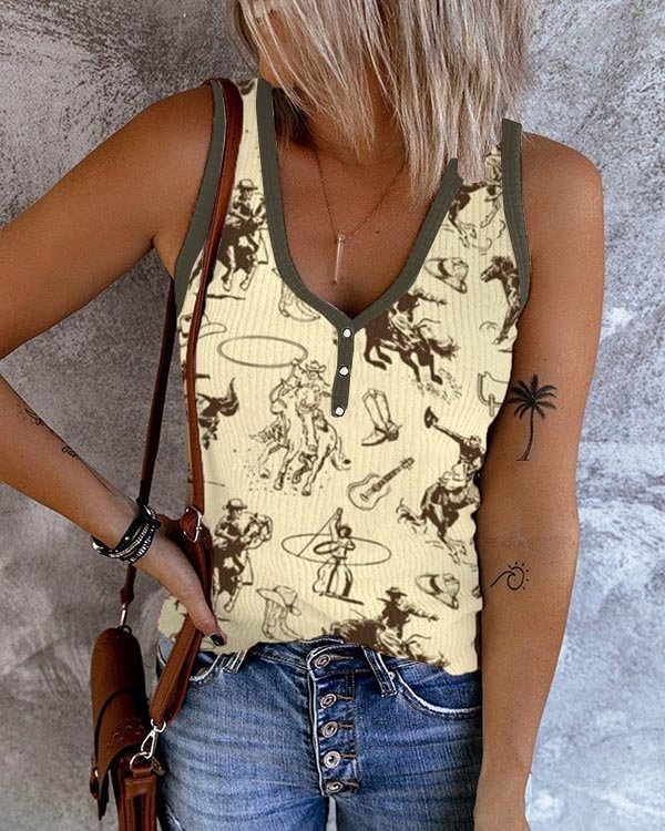 Cowgirl Vintage Print Sleeveless Tank Top