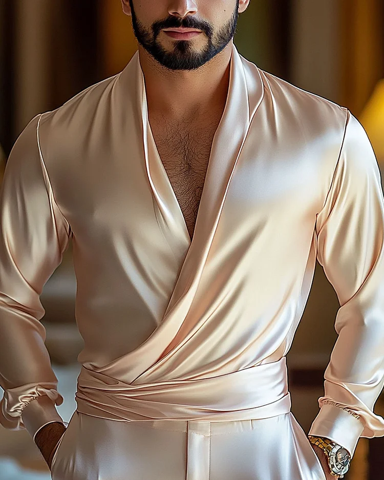 Men's Elegant V-neck Satin Long Sleeve Top