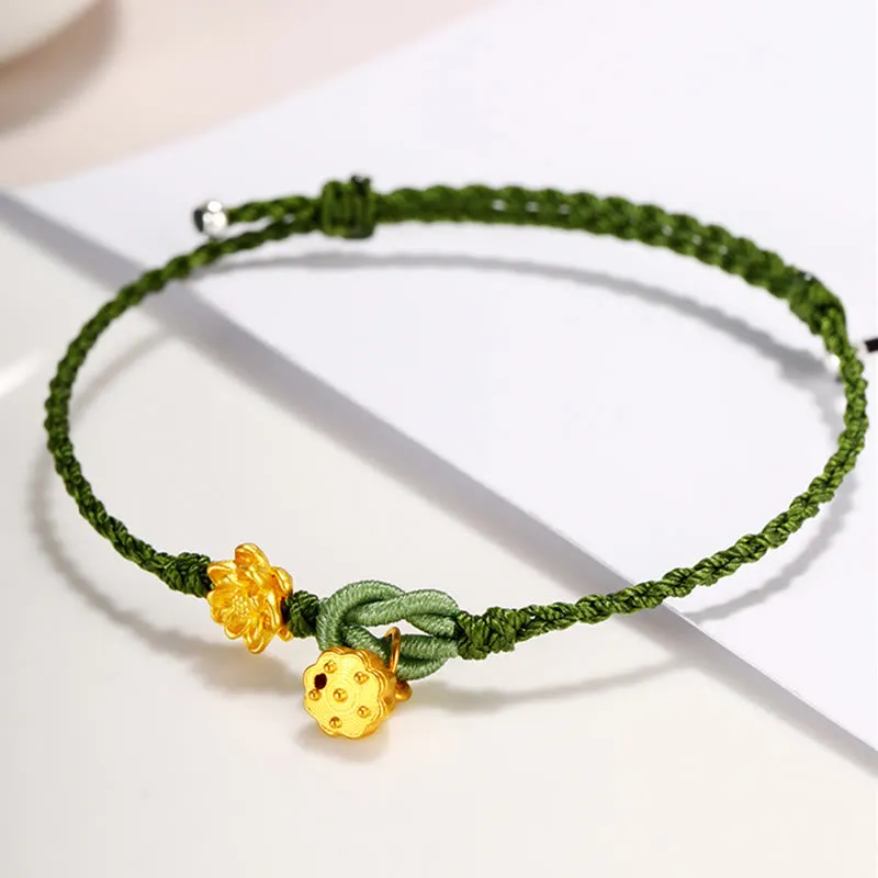 Handmade 999 Gold Lotus Flower Pod New Beginning Braid String Bracelet