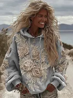 Women's Classic Romantic White Rose Embroidery Art Comfy Hoodie - Image 3