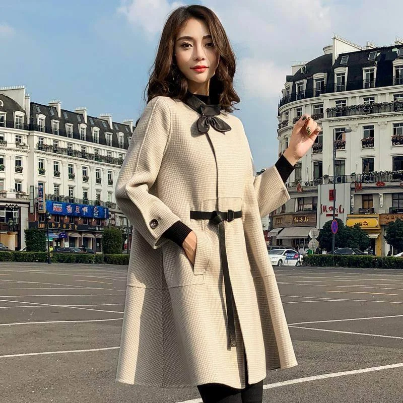 2020 Autumn Winter New Korean Loose Wool Cloak Coats Houndstooth Overcoats Women's Warm Stand Collar Single-breasted Coat Long