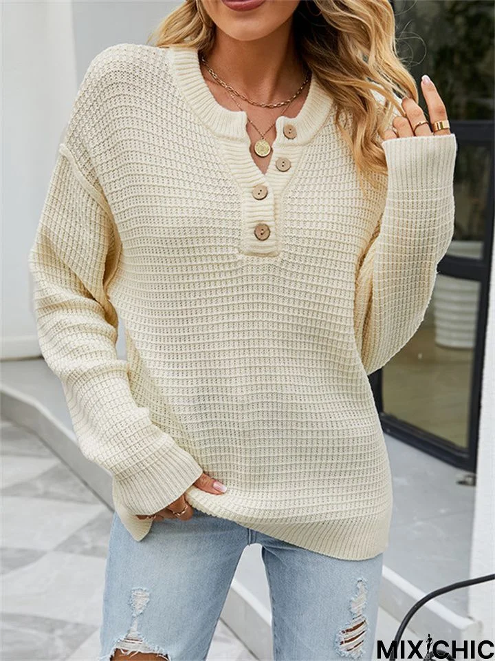 Casual Loose Solid Color Button Sweater