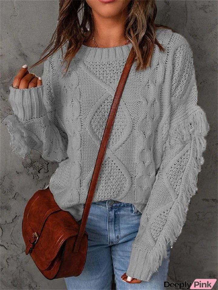 Loose-fitting Turtleneck Fringe Solid Color Pullover Knit Sweater for Women