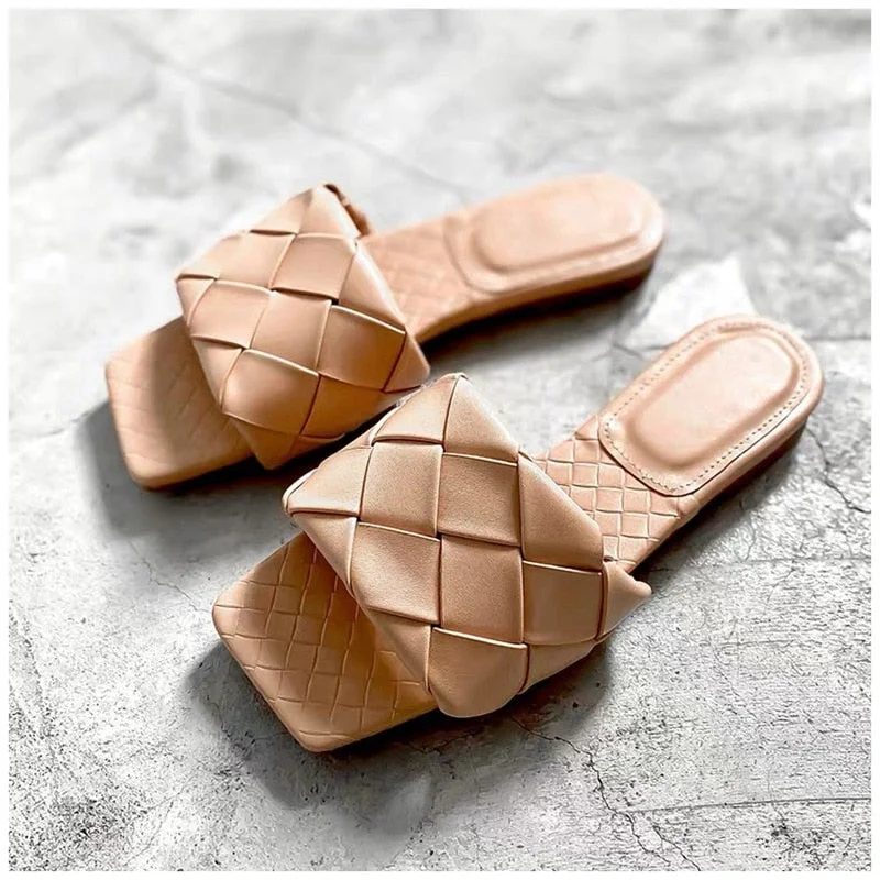 SUOJIALUN 2021 New Brand Slippers Weave Leather Women Sandal Open Toe Flat Casual Slides Summer Outdoor Beach Female Flip Flops