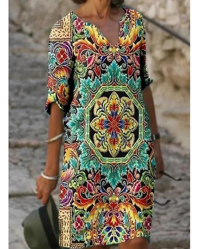 Women's Shift Dress Knee Length Dress - Half Sleeve Floral Print Summer V Neck Hot Casual Vacation Dresses Loose Green