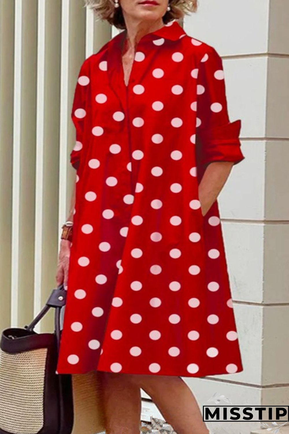 Black Casual Print Polka Dot Patchwork Buckle Turndown Collar Shirt Dress Dresses